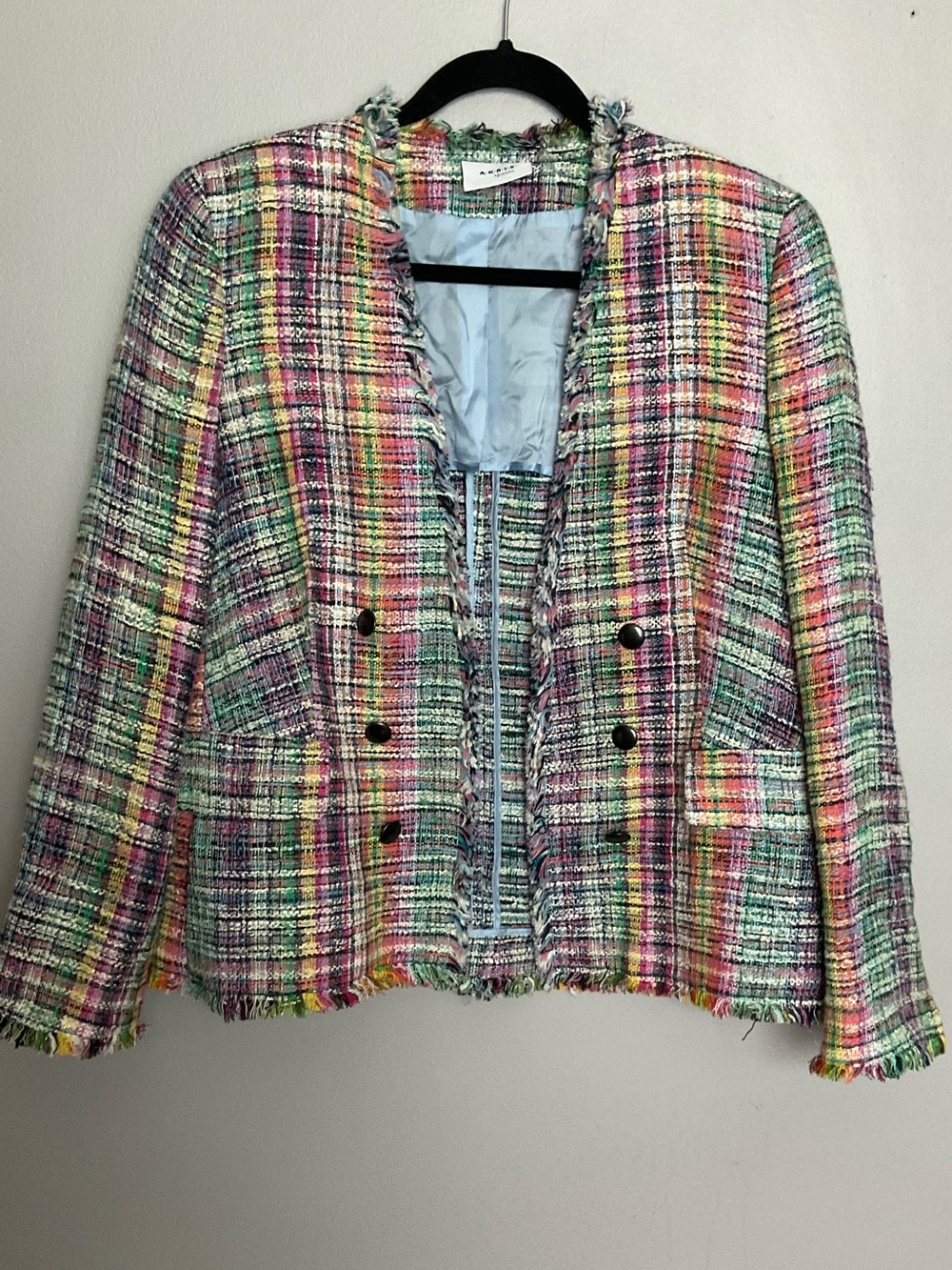Akris Punto Multicolor Tweed Fringe Collarless Jacket